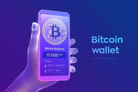 Bitcoin wallet interface on smartphone screen. Cryptocurrency payments and blockchain technology based digital money concept. Closeup mobile phone in wireframe hand. Vector illustrationのイラスト素材