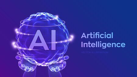 AI. Artificial Intelligence   in hands. Artificial Intelligence and Machine Learning Concept. Sphere grid wave with binary code. Big data innovation technology. Neural networks. Vector illustrationのイラスト素材