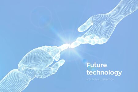 Hands of Robot and Human Touching. Cyborg finger about to touch human finger. Symbol of connection between people and artificial intelligence. Science, future technology. Vector Illustrationのイラスト素材