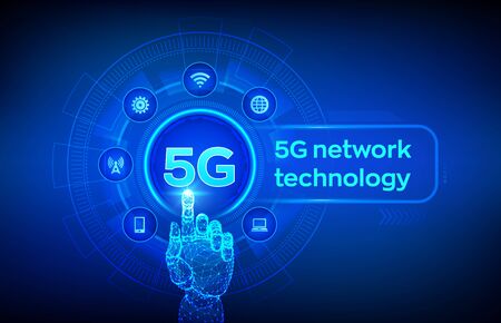 5G network wireless systems and internet of things, Smart city and communication network. 5G wireless mobile internet wifi connection. Robotic hand touching digital interface. Vector illustrationのイラスト素材