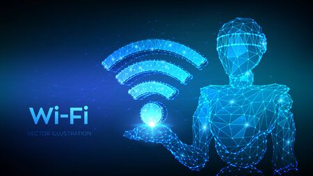 Low poly abstract  sign. Wlan access, wireless hotspot signal symbol. Mobile connection zone. Data transfer. Abstract 3d low polygonal robot holding icon. Vector illustrationのイラスト素材