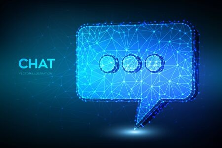 Chat icon. Low poly abstract Chat sign. Speech bubble message symbol. Dialogue cloud. Abstract Social Network or Communication theme in blue color. 3D polygonal vector illustrationのイラスト素材
