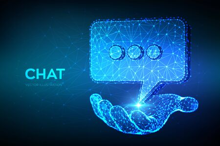 Chat icon. Low poly abstract Chat sign in hand. Speech bubble message symbol. Dialogue cloud. Abstract Social Network or Communication theme in blue color. 3D polygonal vector illustrationのイラスト素材