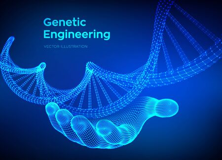 DNA sequence in hand. Wireframe DNA molecules structure mesh. DNA code editable template. Science and Technology concept. Vector illustrationのイラスト素材