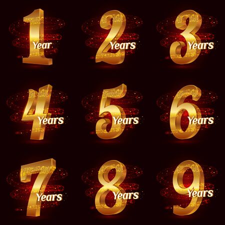 Golden anniversary numbers set. 3d  celebration with Gold glittering spiral star dust trail sparkling particles. Anniversary modern design elements. Vector Illustrationのイラスト素材