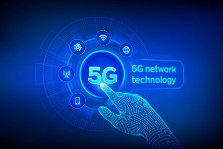 5G network wireless systems and internet of things, Smart city and communication network. 5G wireless mobile internet wifi connection. Robotic hand touching digital interface. Vector illustrationのイラスト素材
