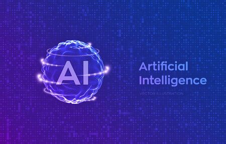 AI. Artificial Intelligence and Machine Learning concept. Sphere grid wave on streaming matrix digital binary code background. Big data innovation technology. Neural networks. Vector illustrationのイラスト素材