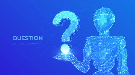 Question mark. Abstract 3d low polygonal robot holding Question sign. Ask symbol. Help support, faq problem, think education concept, confusion search illustration or background. Vector illustrationのイラスト素材