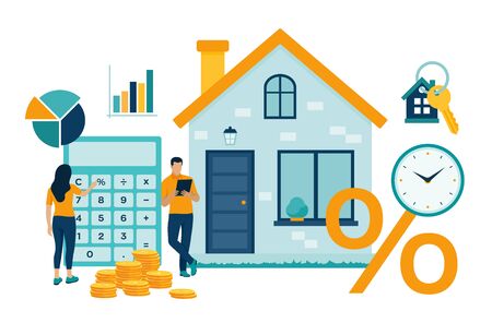Mortgage concept. House loan or money investment to real estate. Property money investment contract. Buying Home. Man and woman calculates home mortgage rate. Vector illustration with charactersのイラスト素材
