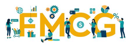 FMCG. Fast Moving Consumer Goods acronym. Quickly moving product, short term goods. Business and commerce concept with big word or text. Vector illustration with characters and iconsのイラスト素材