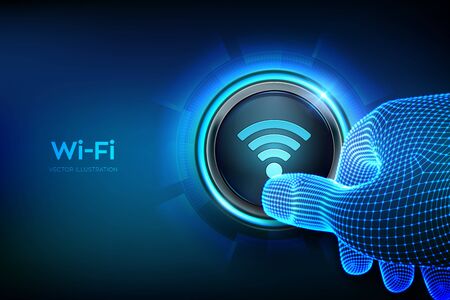 Wi Fi button. Wireless network connection concept. Closeup finger about to press a button. Using free wifi hotspot interface.  Just push the button. Vector illustrationのイラスト素材