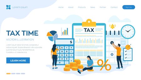 Concept tax payment. Data analysis, paperwork, financial research report and calculation of tax return. Payment of debt. Government, state taxes. Vector illustration in flat style with characters.のイラスト素材