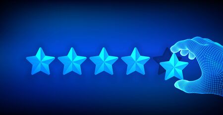 Experience rating and confidence concept. Wireframe hand giving a five star. Increase rating company or ranking, feedback, evaluation and review. Business satisfaction support. Vector illustrationのイラスト素材