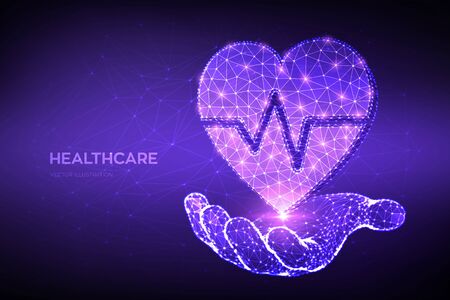 Healthcare, medicine and cardiology concept. Heart icon with heartbeat line in hand. Abstract low polygonal heart with ecg line - symbol of medical care, emergency service. Vector illustrationのイラスト素材