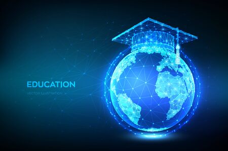 E-learning concept. Innovative online education. Abstract Low Polygonal Graduation cap on planet Earth globe model map. Distance graduate certificate program. Skill development. Vector illustrationのイラスト素材