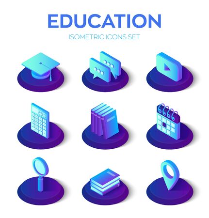 Education isons set. 3d isometric icons for learning or education internet technology concept. E-Learning, webinar, teaching, online training courses infographic. Vector Illustrationのイラスト素材
