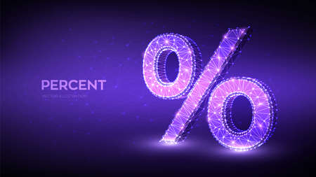 Percent sign. 3D Low polygonal abstract percent symbol. business concept of banking, calculation, discount. Low poly wireframe, geometry triangle, lines, dots, on blue background. Vector illustrationのイラスト素材