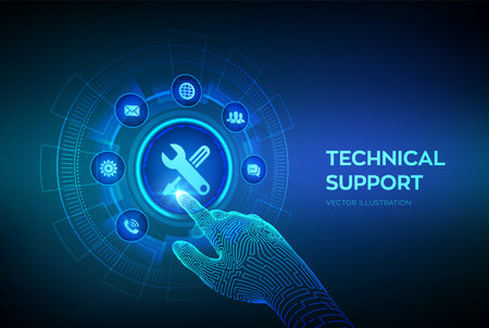 Technical support. Customer help. Tech support. Customer service, Business and technology concept. Robotic hand touching digital interface. Vector illustrationのイラスト素材