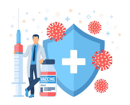 Vaccination concept. Immunization campaign. Vaccine shot. Health care and protection. Doctor and syringe with a vaccine bottle protection shield and virus.のイラスト素材