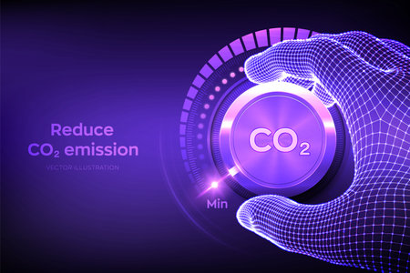Carbon dioxide emissions control concept. Reduce CO2 level. Wireframe hand turning a carbon dioxide knob button to the minimum position. CO2 reduction or removal concept. Vector illustrationのイラスト素材