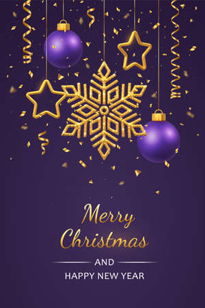 Christmas purlpe background with hanging shining golden snowflakes, 3D metallic stars and balls. Merry christmas greeting card. Holiday Xmas and New Year poster, web banner. Vector Illustrationのイラスト素材
