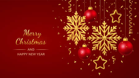 Christmas red background with hanging shining golden snowflakes, 3D metallic stars and balls. Merry christmas greeting card. Holiday Xmas and New Year poster, web banner. Vector Illustrationのイラスト素材