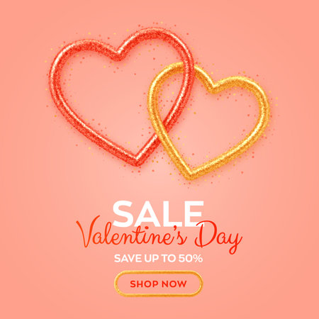 Valentines day sale banner with shining realistic red and gold 3d hearts with glitter texture and heart shaped confetti. Background, flyer, poster, brochure, greeting card. Vector illustrationのイラスト素材
