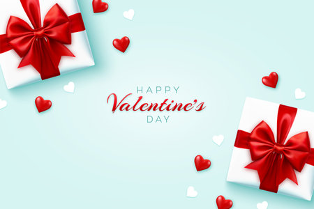 Happy Valentine's Day banner. Realistic gift boxes with red bow, and shining red 3d balloons hearts and white paper hearts on blue background. Flat lay, top view, copy space. Vector illustrationのイラスト素材
