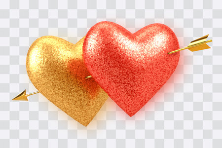 Couple shining realistic red and gold heart shaped balloons with glitter texture pierced by golden arrow isolated on transparent background. Valentines day luxury decoration. Vector.のイラスト素材