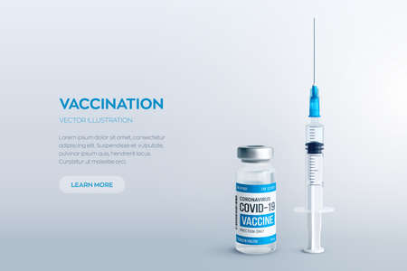 Covid-19 coronavirus vaccine concept. Realistic medical glass vial with metal cap and syringe vector background with copyspace. Vaccination against 2019-nCoV virus. Covid19 immunization treatmentのイラスト素材