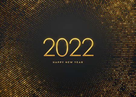Happy New 2022 Year. Golden metallic luxury numbers 2022 on shimmering background. Realistic sign...