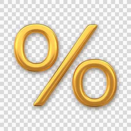 Percent symbol. Golden percent sign isolated on transparent background. Percentage, discount concept. Realistic 3D vector illustrationのイラスト素材