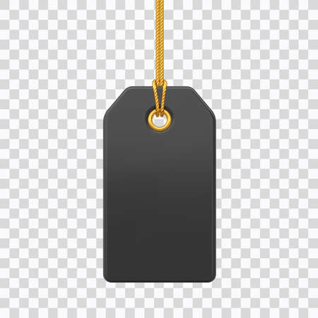 Price tag. Black blank tag hanging on gold rope. Discount label isolated on transparent background. Tag label icon for websites and apps. Realistic 3D vector illustrationのイラスト素材