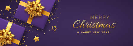 Christmas banner. Realistic purple gift boxes with golden bow, gold stars and glitter confetti. Xmas background, horizontal christmas poster, greeting cards, headers website. Vector illustrationのイラスト素材