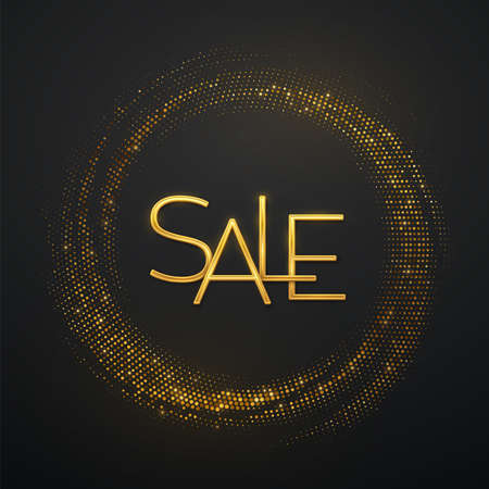 Sale, golden text. Golden metallic luxury letters SALE on shimmering background. Bursting backdrop with glitter. Festive poster or banner. Vector lettering of gold on black backgroundのイラスト素材