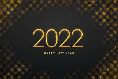 Happy New 2022 Year. Golden metallic luxury numbers 2022 on shimmering background. Realistic sign for greeting card. Bursting backdrop with glitters. Festive poster or banner. Vector illustrationのイラスト素材
