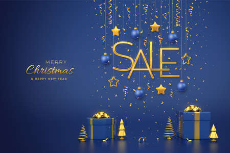Christmas sale design banner. Hanging Golden metallic Sale letters with 3D stars, balls on blue background. Gift boxes and golden metallic pine or fir, cone shape spruce trees. Vector illustrationのイラスト素材