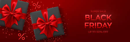 Black Friday Super Sale. Black Realistic gifts boxes with red bows on red background with present boxes and percent symbols. Horizontal banner, poster, header website. Vector illustrationのイラスト素材