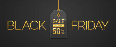 Black Friday Sale. Golden metallic luxury letters BLACK FRIDAY and price tag coupon hanging on gold ropes on black background. Horizontal banner, web site header, poster. Vector illustrationのイラスト素材