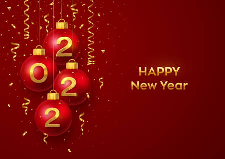 Happy New Year 2022. Hanging Red Christmas bauble balls with realistic golden 3d numbers 2022 and glitter confetti. Greeting card. Holiday Xmas and New Year poster, banner, flyer. Vector Illustrationのイラスト素材