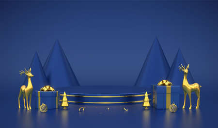 Blue round podium. Christmas Scene and 3D platform on blue background. Blank Pedestal with gift boxes, golden deers, shining balls, gold metallic pine, cone shape spruce trees. Vector illustrationのイラスト素材