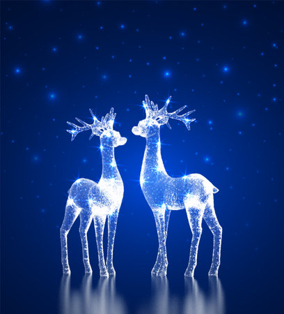 Christmas deers. Ice Reindeers. Abstract frozen deers couple shape on blue background. Christmas night. Merry Christmas and New Year card. Vector illustrationのイラスト素材