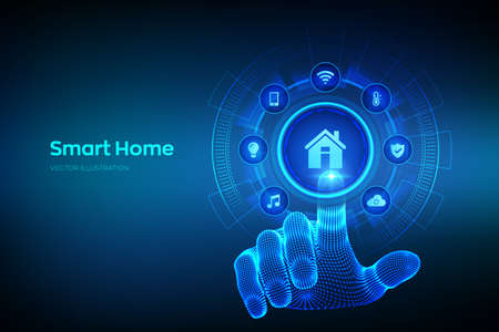 Smart home. Automation control system concept. Futuristic interface of smart home automation assistant on a virtual screen. Wireframe hand touching digital interface. Vector illustrationのイラスト素材