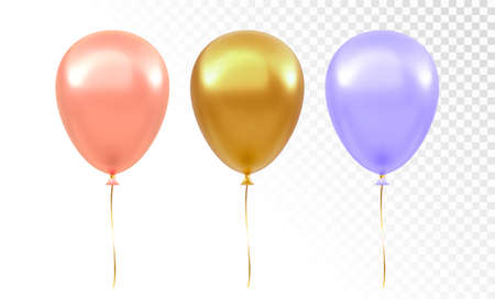 Balloon set isolated on transparent background. Realistic gold, pink, purple colorful festive 3d helium balloons template for anniversary, holiday, birthday party design. vector illustrationのイラスト素材