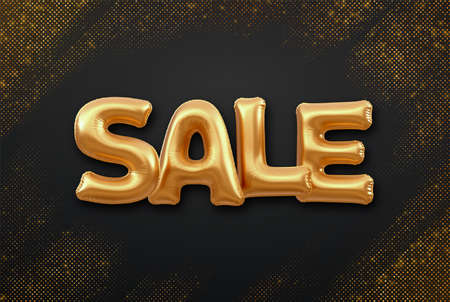 SALE. Golden Sale foil balloon word on shimmering background. High detailed 3D helium balloons gold...
