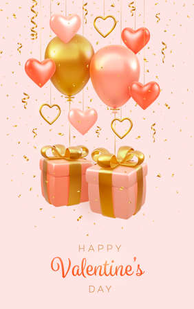 Valentine's Day background, banner. Realistic pink festive gift boxes with golden bow. Balloons fly helium round and heart shape. 3d gold metallic hearts and glitter confetti. vector illustrationのイラスト素材