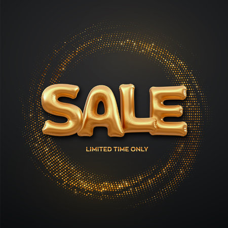 SALE. Golden Sale foil balloon word on shimmering background. High detailed 3D helium balloons gold forming word sale. Bursting backdrop with glitters. Discount and advertisement. vector illustrationのイラスト素材