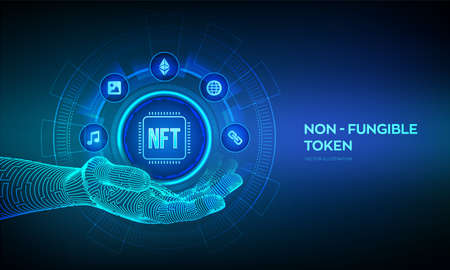 NFT icon in robotic hand. Non-fungible token digital crypto art blockchain technology concept on virtual screen. Investment in cryptographic. vector illustrationのイラスト素材