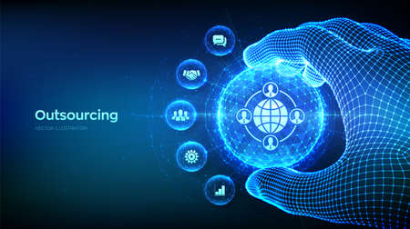 Outsourcing and HR. Social network and global recruitment concept on blue background. Global...