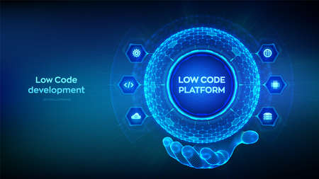 low code platforms. Low code development technology concept. LCDP easy coding. Hexagonal grid sphere...